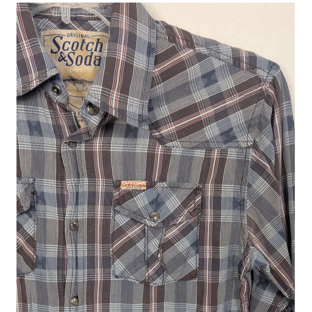 Scotch & Soda Western Shirt Mens S Blue Plaid Pearl Snap Long Sleeve Retro Vibe